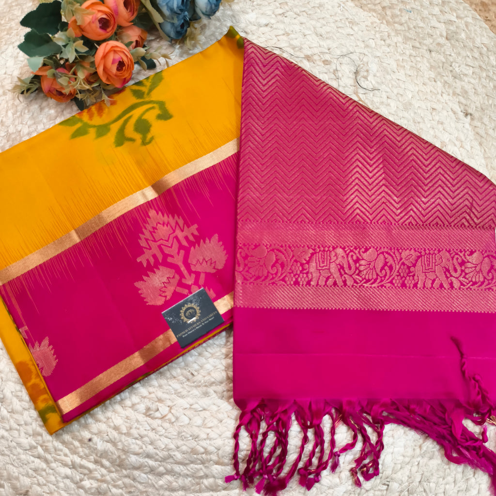 Pochampally Pure Soft Silk Saree – Yellow and Rani Pink Contrast