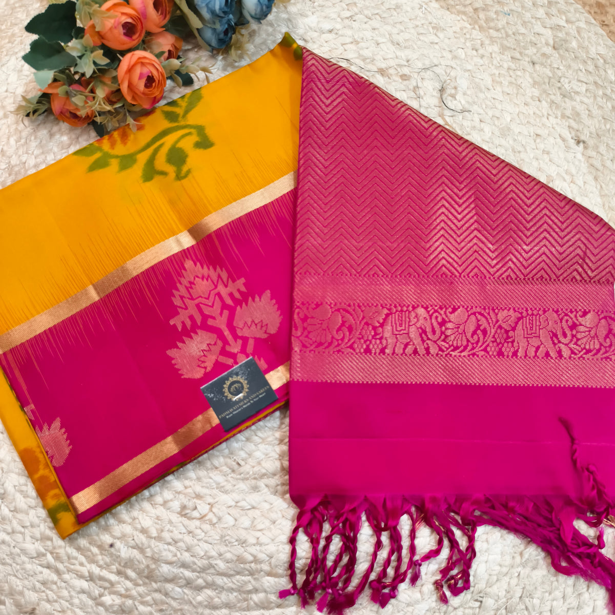 Pochampally Pure Soft Silk Saree – Yellow and Rani Pink Contrast