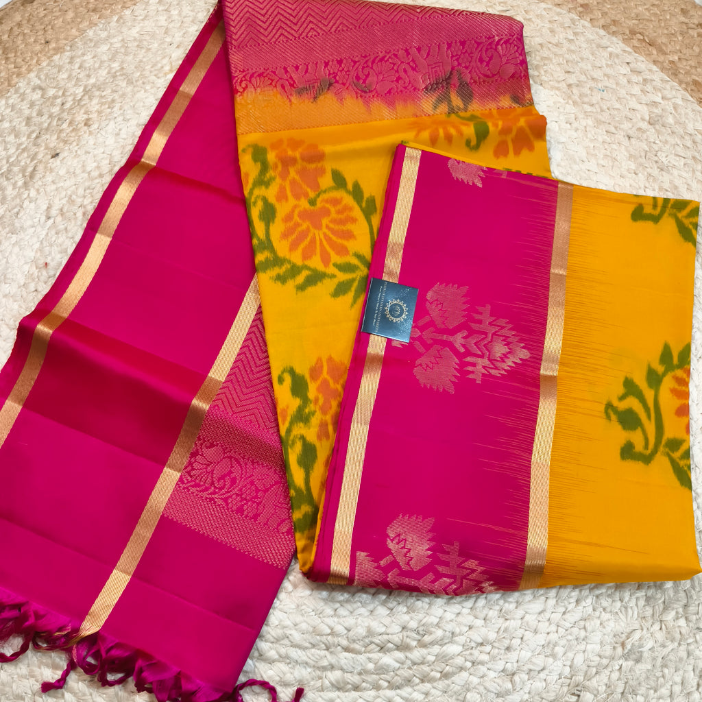 Pochampally Pure Soft Silk Saree – Yellow and Rani Pink Contrast