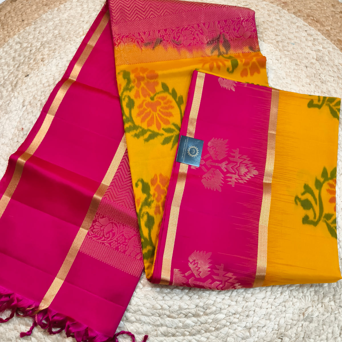 Pochampally Pure Soft Silk Saree – Yellow and Rani Pink Contrast
