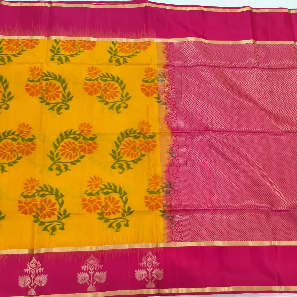 Pochampally Pure Soft Silk Saree – Yellow and Rani Pink Contrast