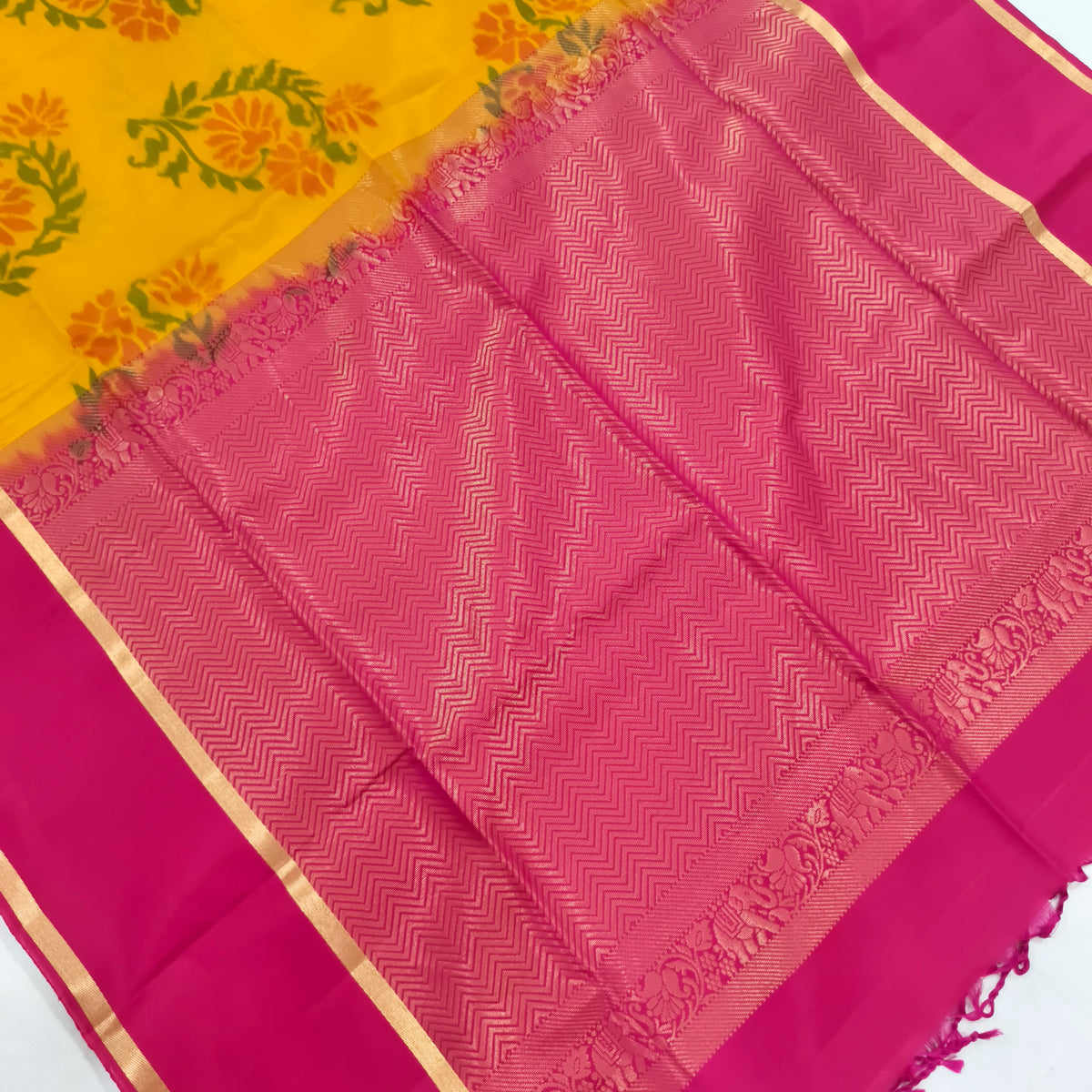 Pochampally Pure Soft Silk Saree – Yellow and Rani Pink Contrast