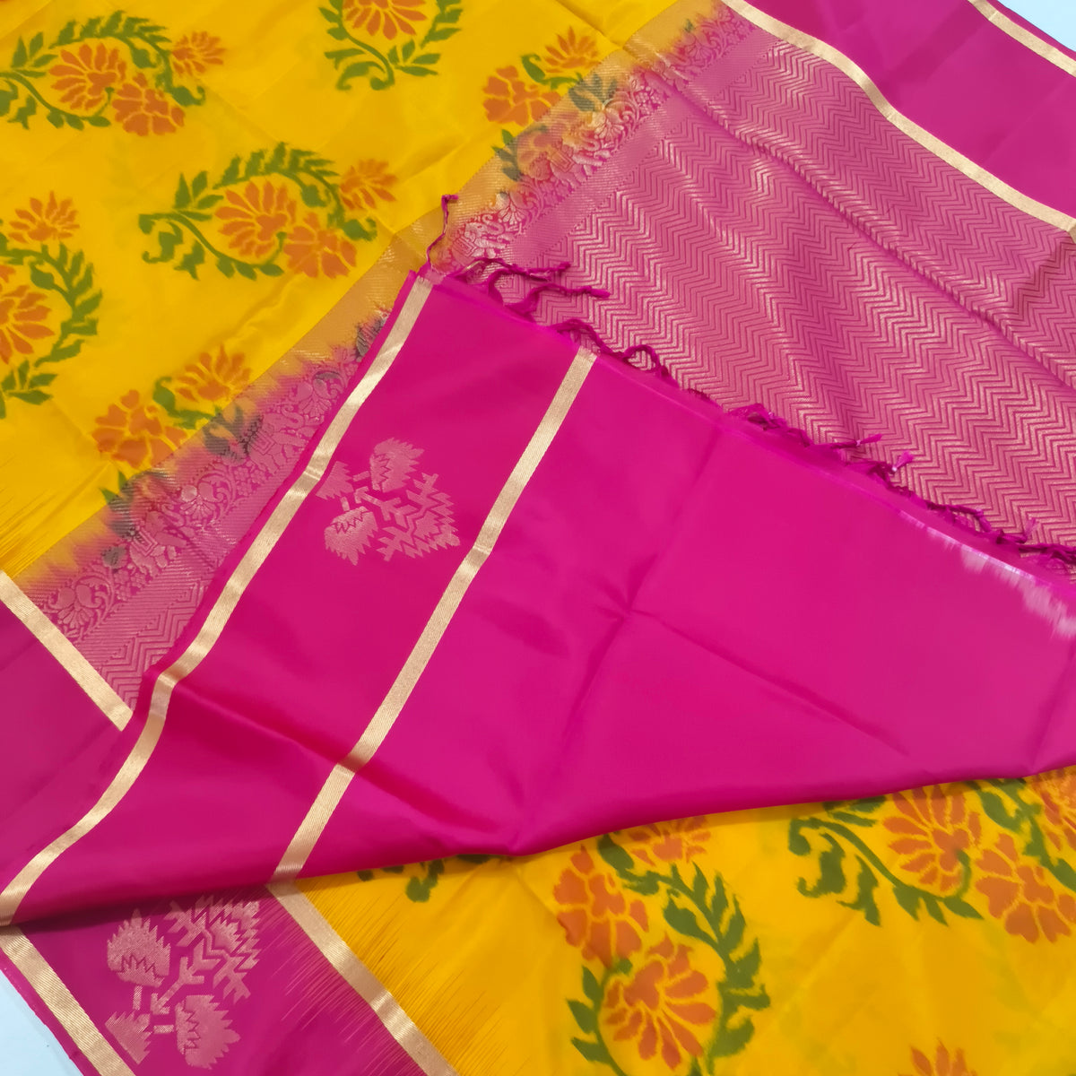 Pochampally Pure Soft Silk Saree – Yellow and Rani Pink Contrast