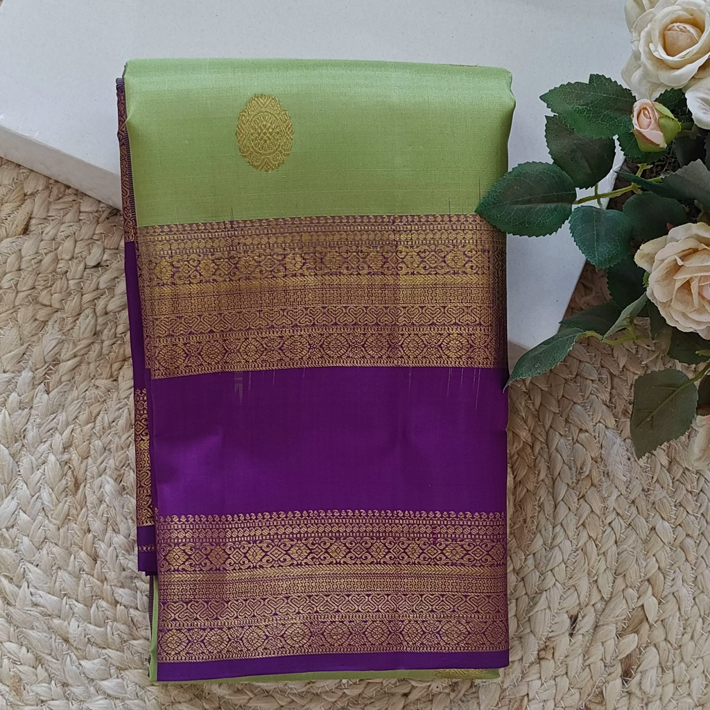 Pure Kanchipuram Handloom Silk Saree – Lime Green & Purple
