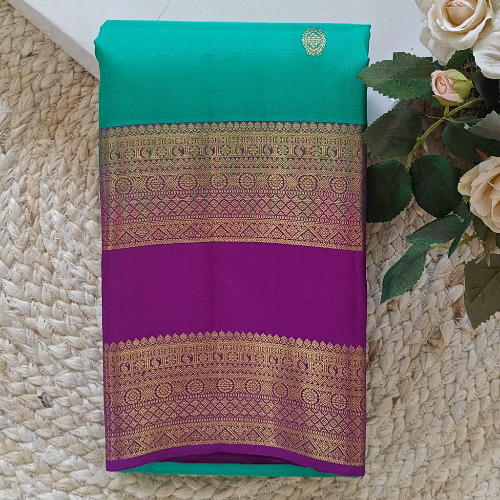 Pure Kanchipuram Handloom Silk Saree – Sea Green & Purple Zari