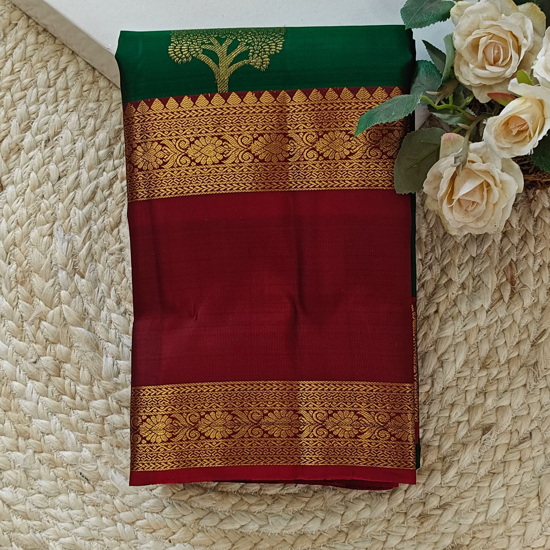 Pure Kanchipuram Handloom Silk Saree – Green & Maroon