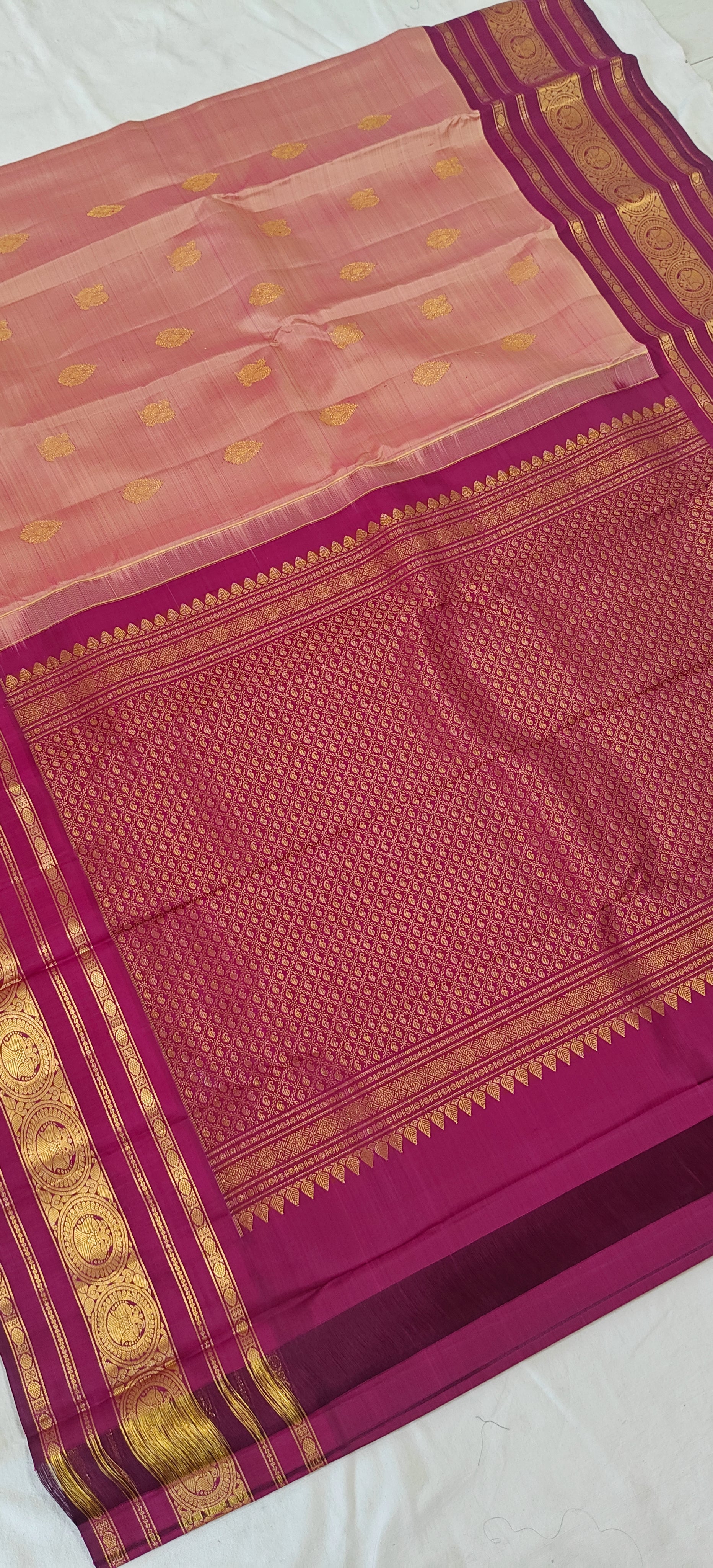 Pure Kanchipuram Handloom Silk Saree – Peach & Magenta Contrast