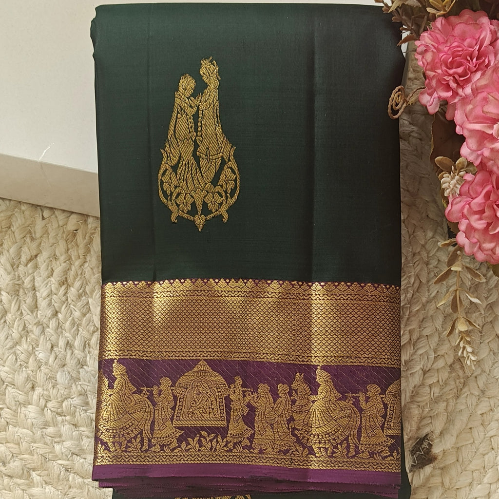 Pure Handloom Silk Saree – Dark Green with Wine Contrast