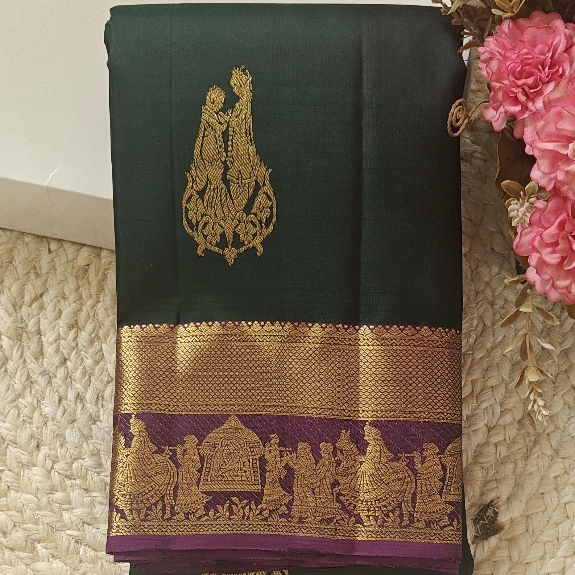 Pure Handloom Silk Saree – Dark Green with Wine Contrast