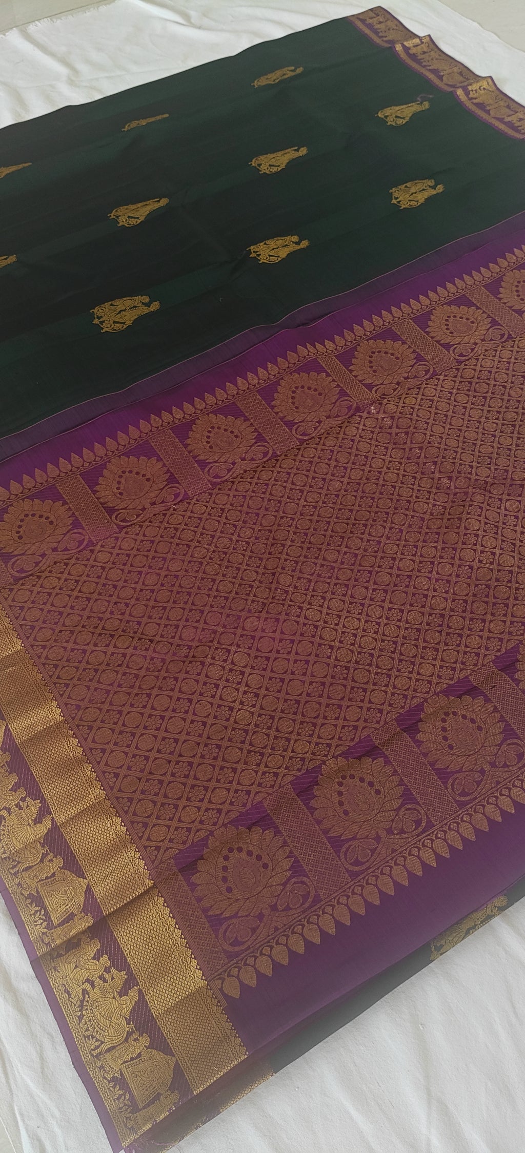 Pure Handloom Silk Saree – Dark Green with Wine Contrast