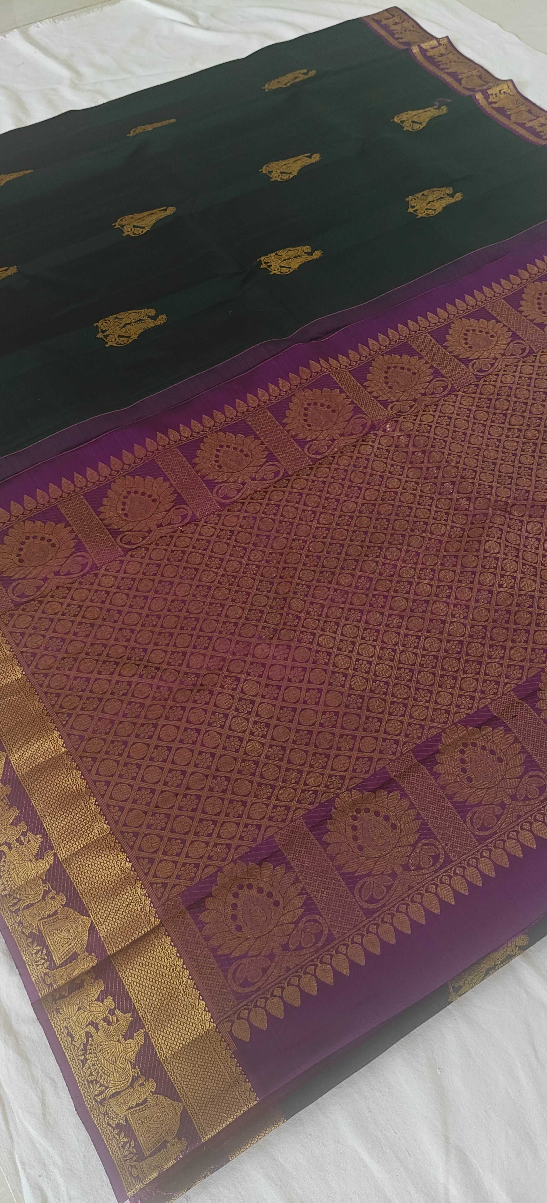 Pure Handloom Silk Saree – Dark Green with Wine Contrast