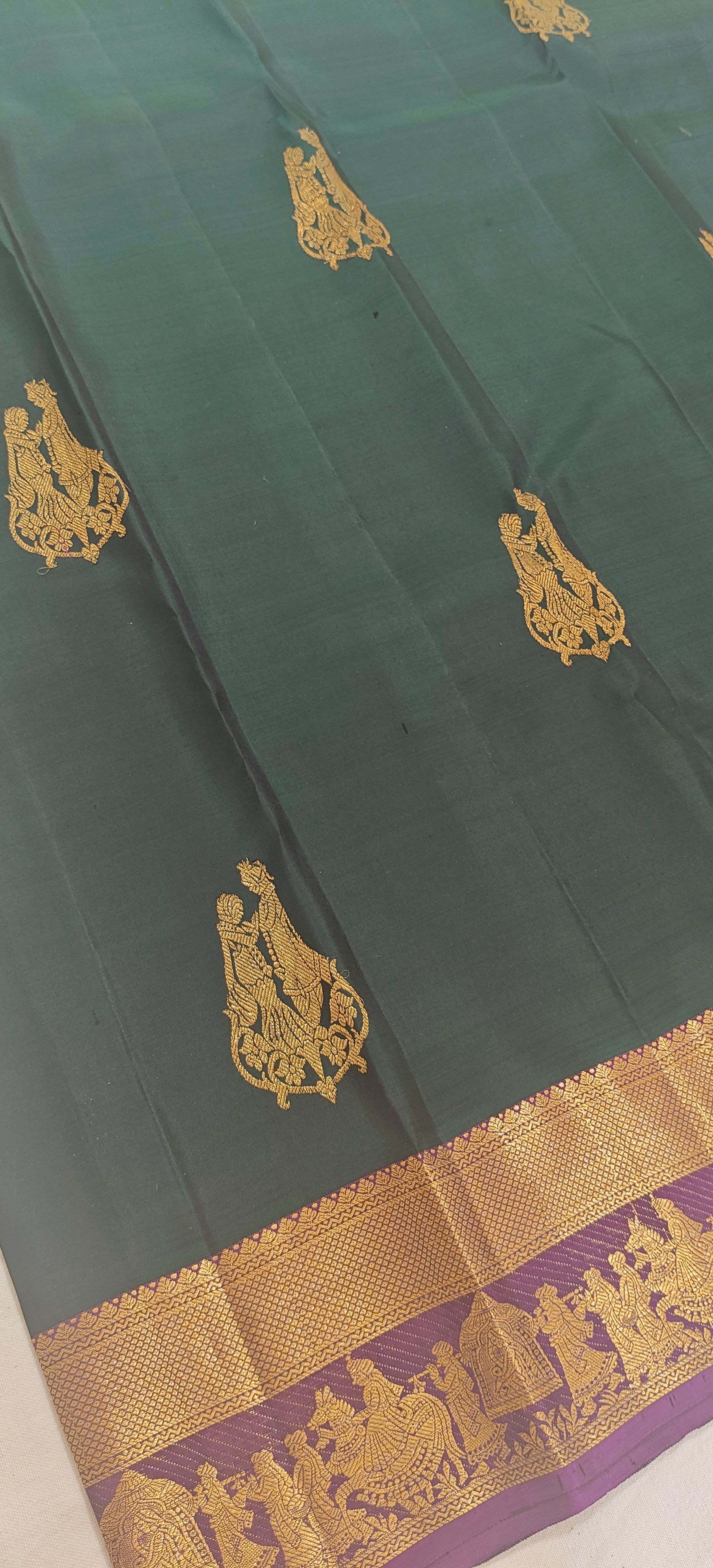 Pure Handloom Silk Saree – Dark Green with Wine Contrast