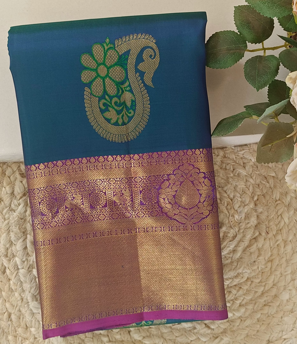 Pure Kanchipuram Handloom Silk Saree – Peacock Blue & Magenta with Meenakari Butta