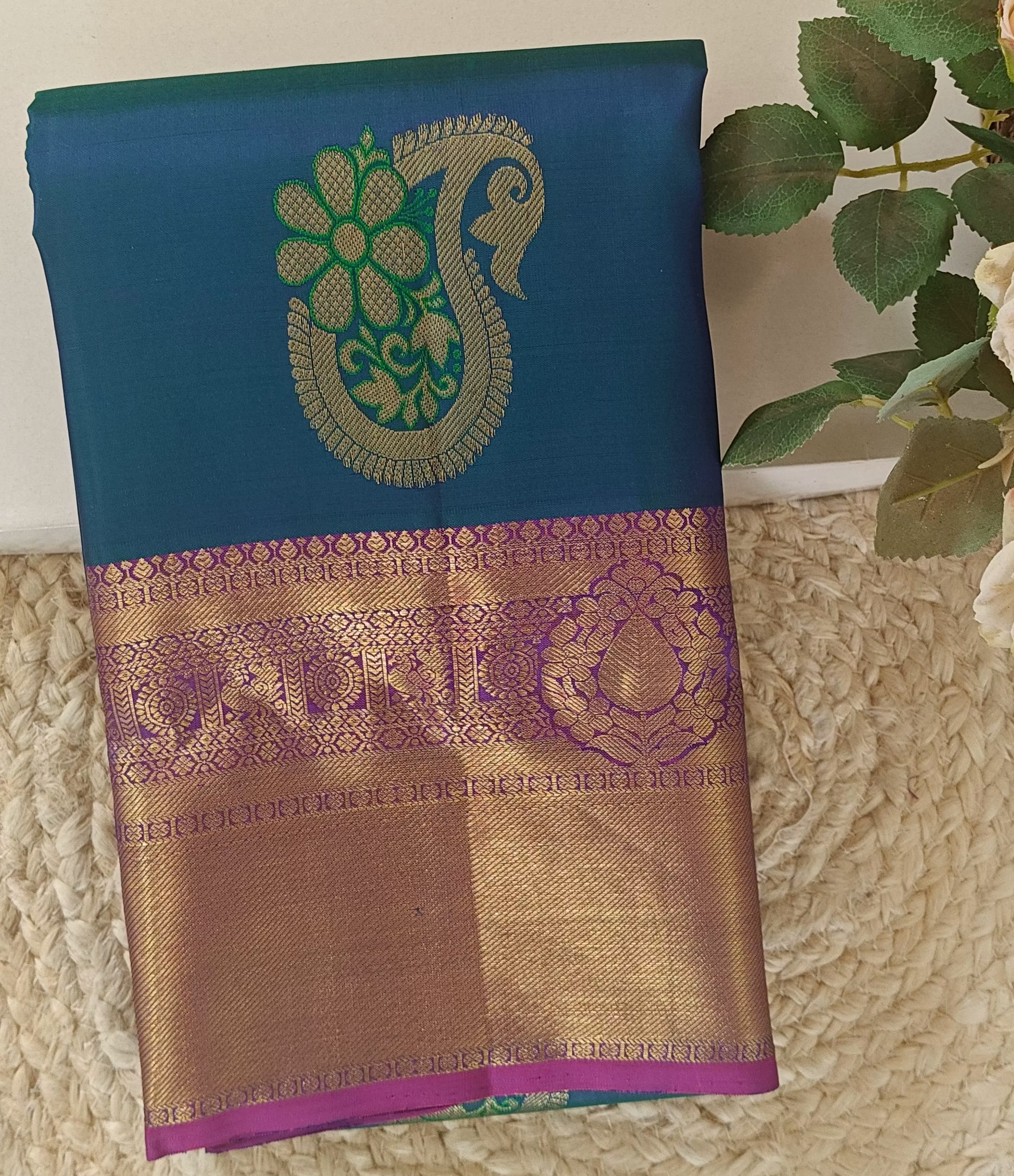 Pure Kanchipuram Handloom Silk Saree – Peacock Blue & Magenta with Meenakari Butta
