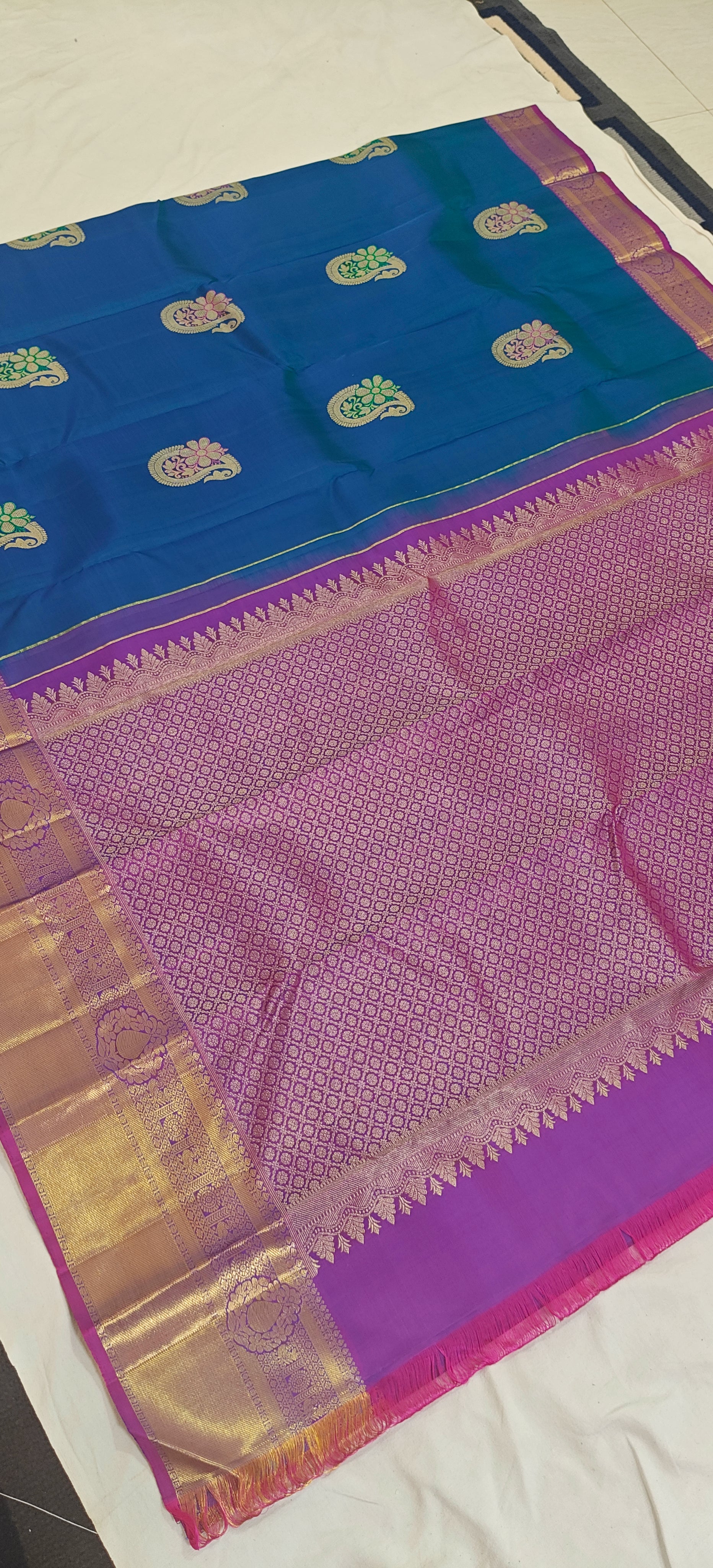 Pure Kanchipuram Handloom Silk Saree – Peacock Blue & Magenta with Meenakari Butta