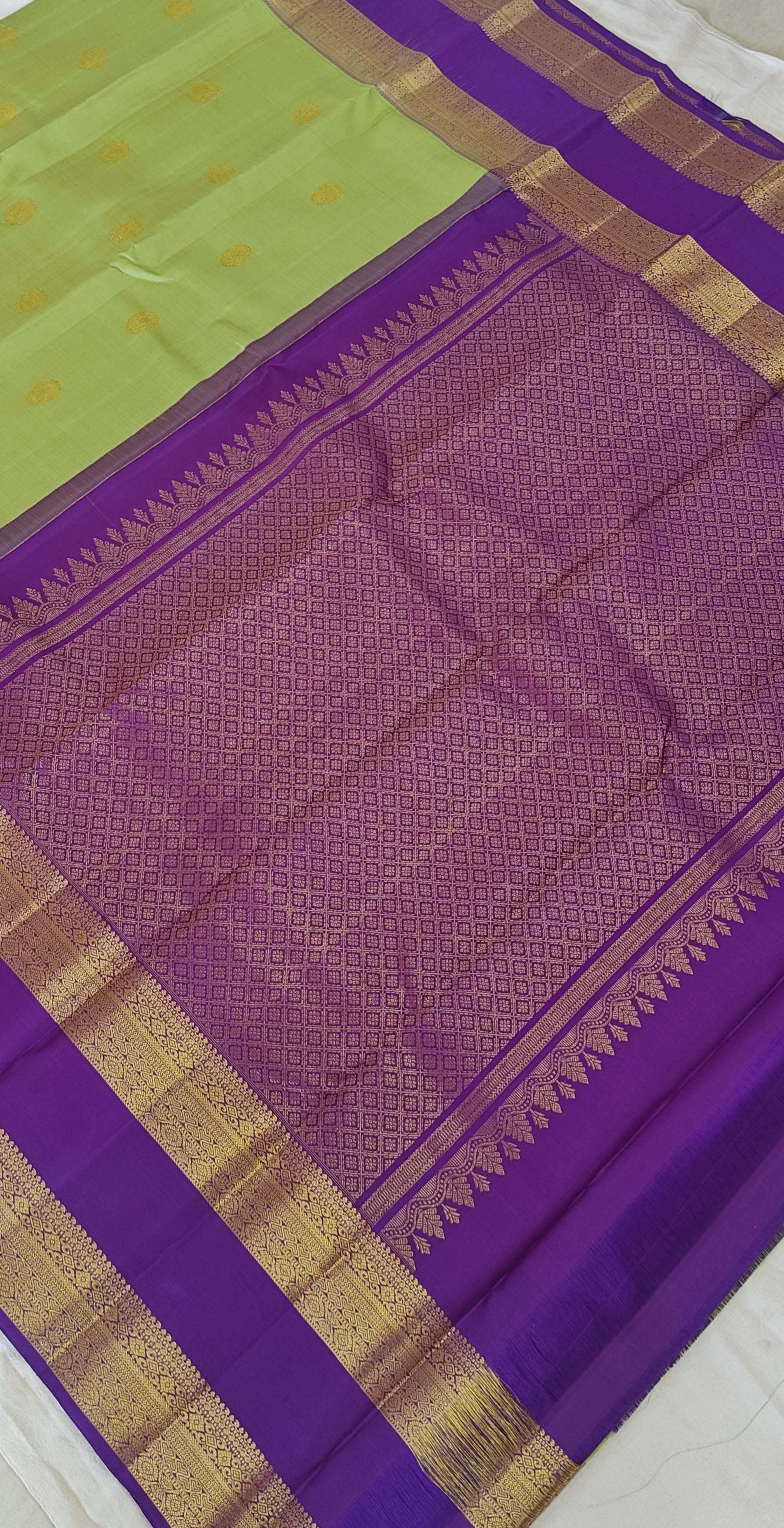Pure Kanchipuram Handloom Silk Saree – Lime Green & Purple