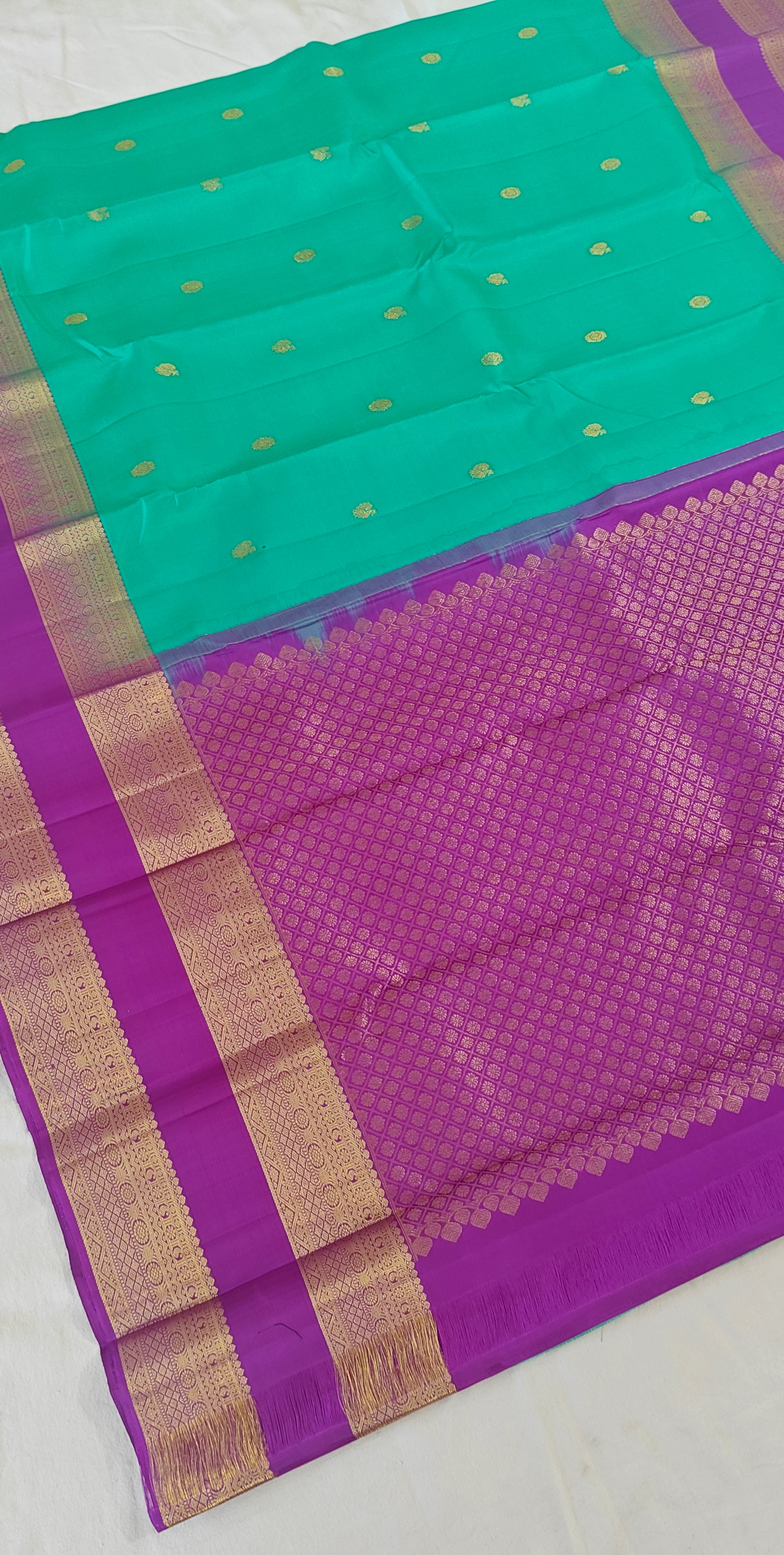 Pure Kanchipuram Handloom Silk Saree – Sea Green & Purple Zari