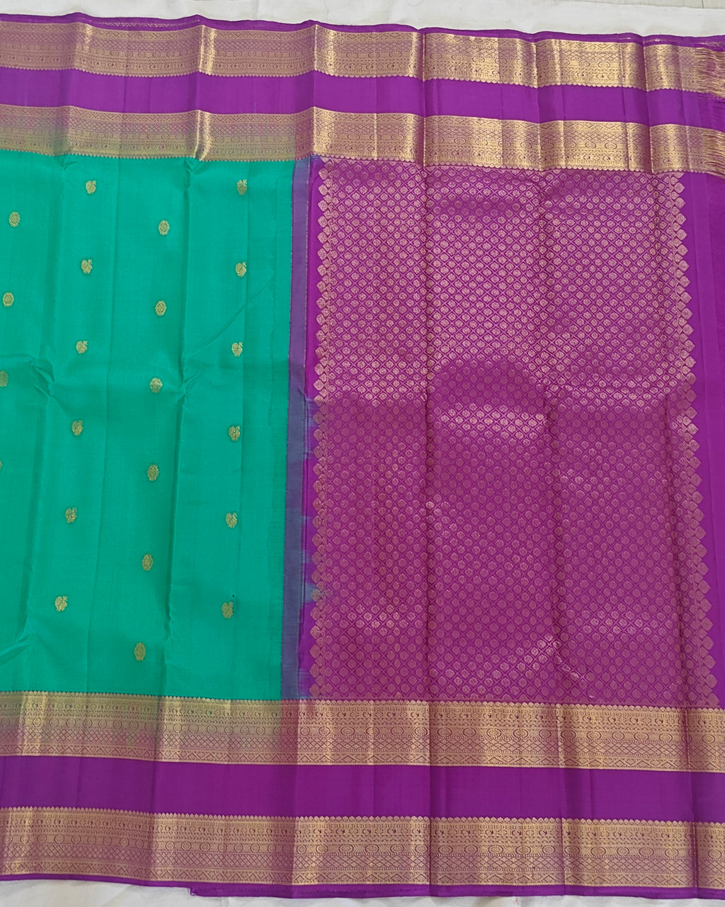 Pure Kanchipuram Handloom Silk Saree – Sea Green & Purple Zari