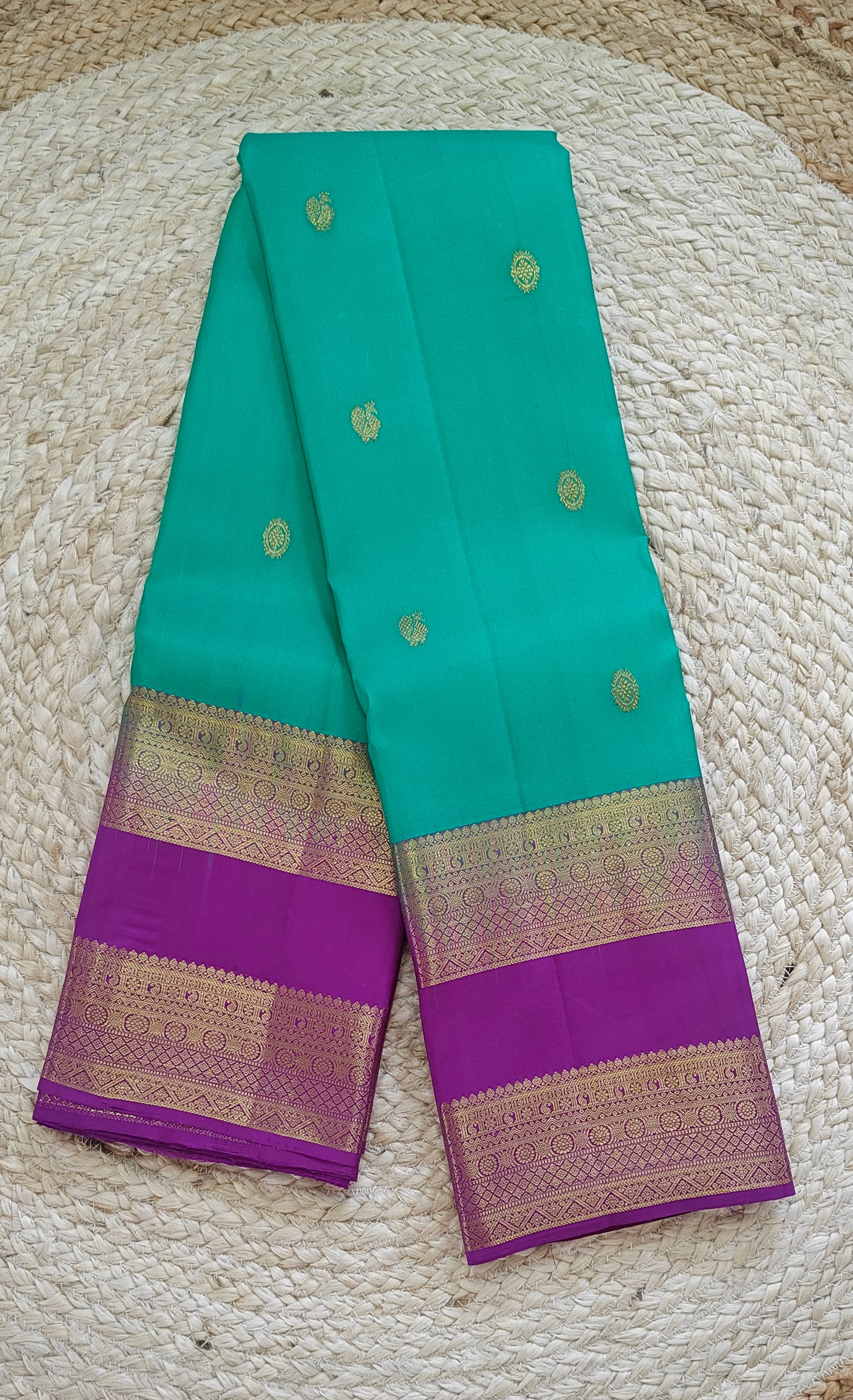 Pure Kanchipuram Handloom Silk Saree – Sea Green & Purple Zari
