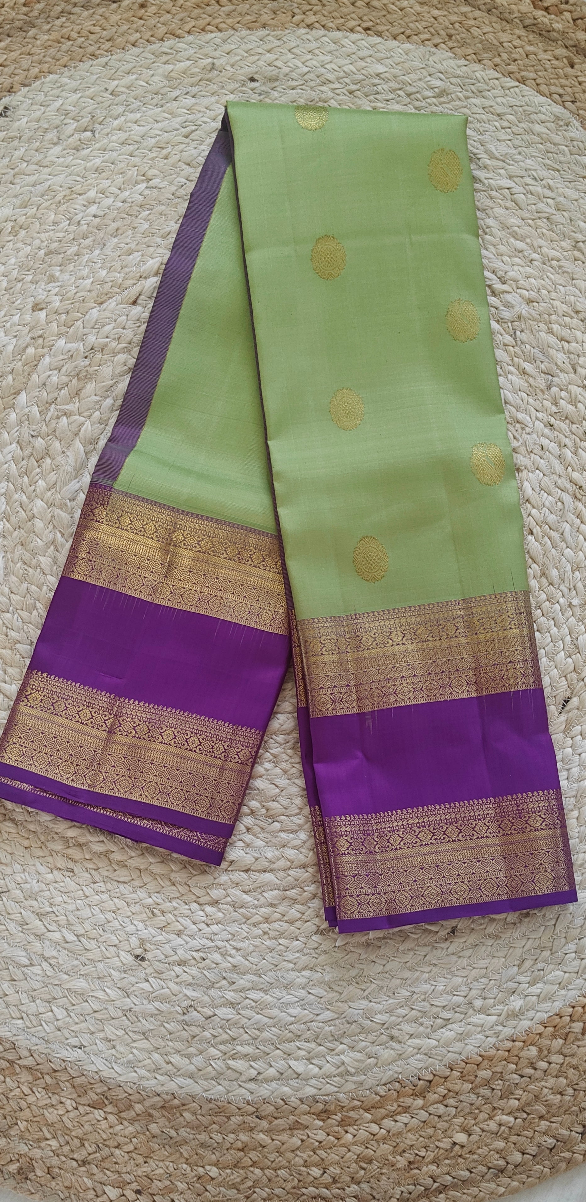 Pure Kanchipuram Handloom Silk Saree – Lime Green & Purple