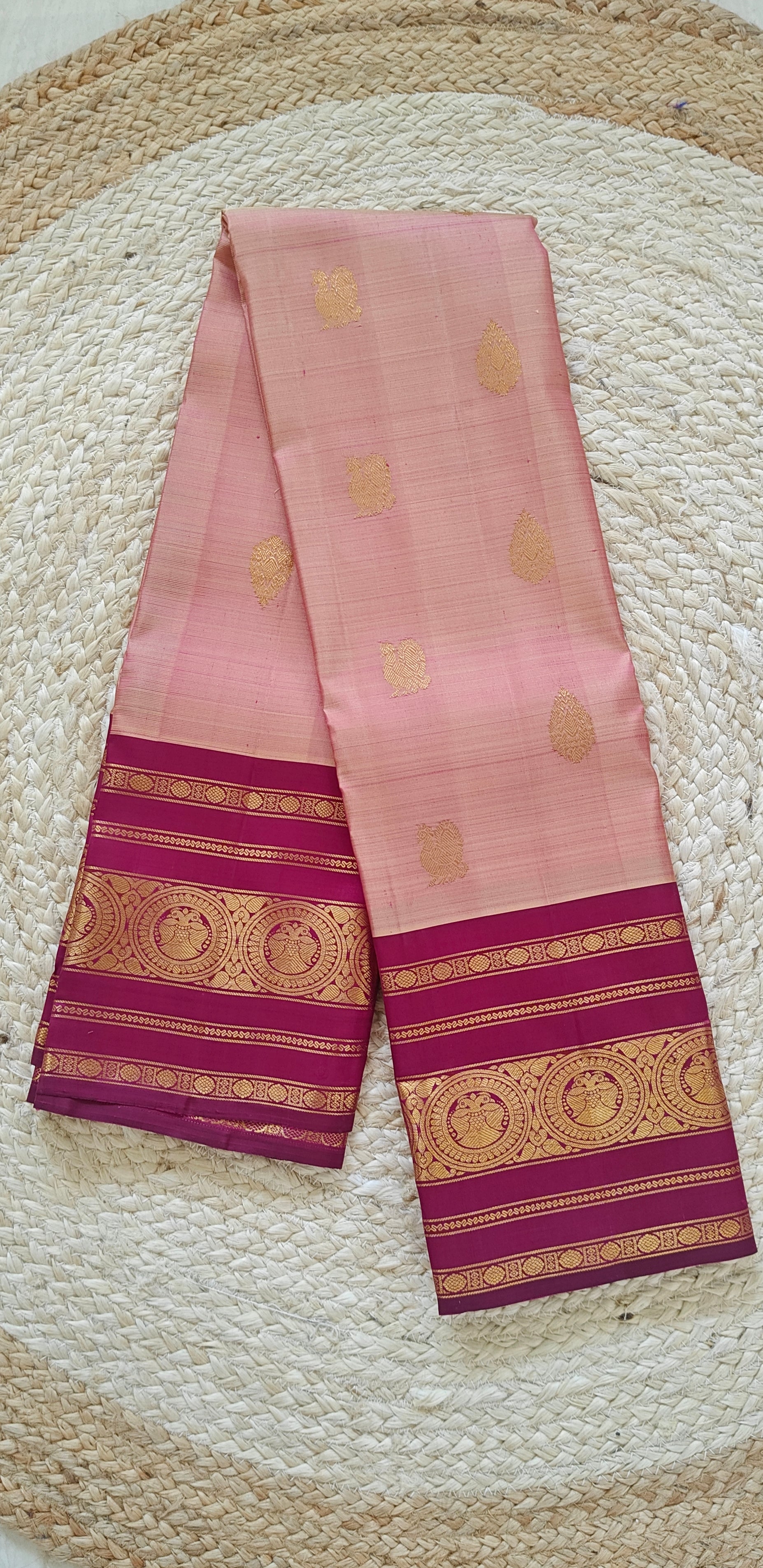 Pure Kanchipuram Handloom Silk Saree – Peach & Magenta Contrast