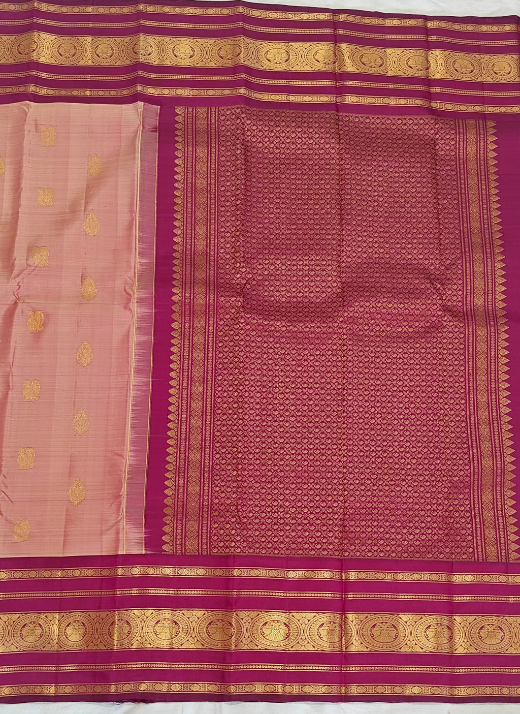 Pure Kanchipuram Handloom Silk Saree – Peach & Magenta Contrast