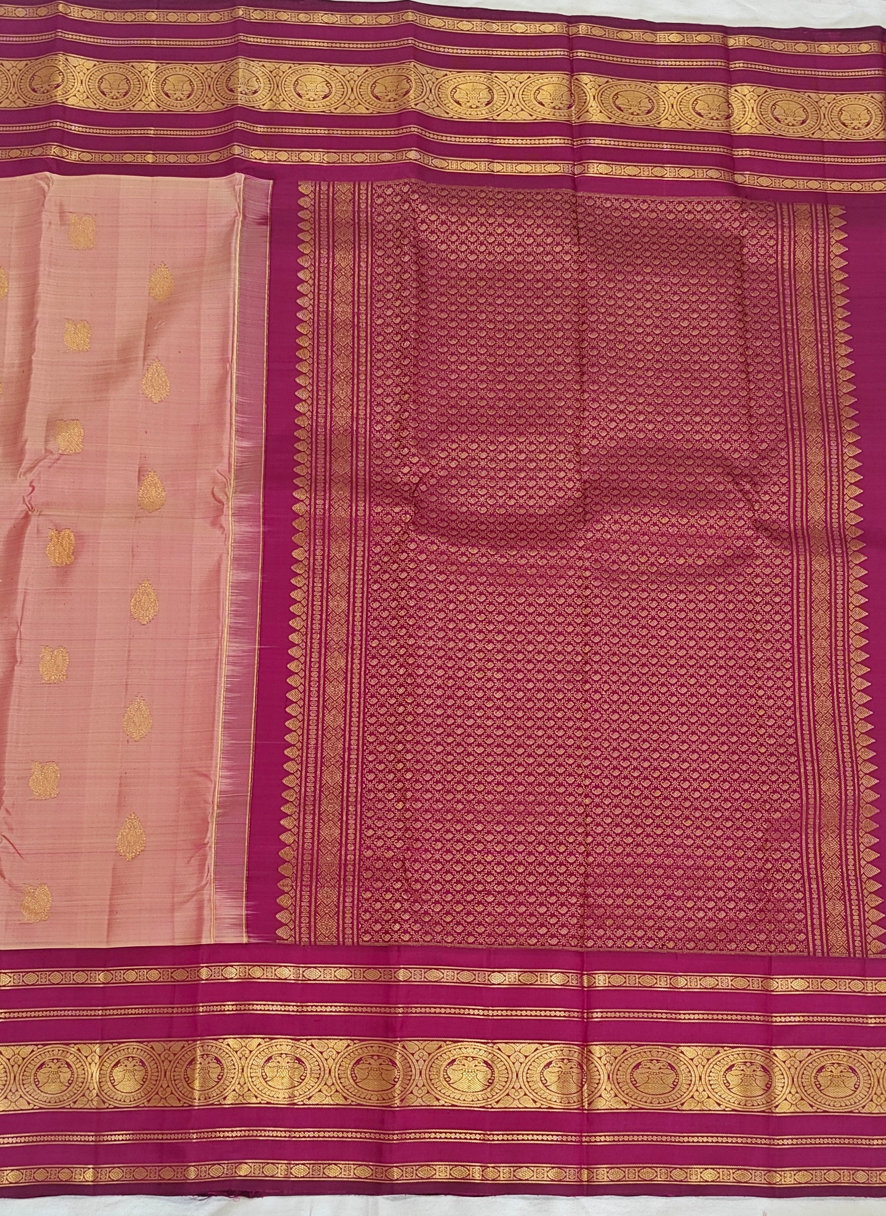 Pure Kanchipuram Handloom Silk Saree – Peach & Magenta Contrast