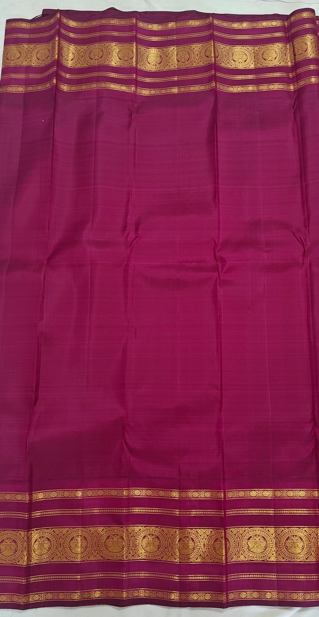 Pure Kanchipuram Handloom Silk Saree – Peach & Magenta Contrast