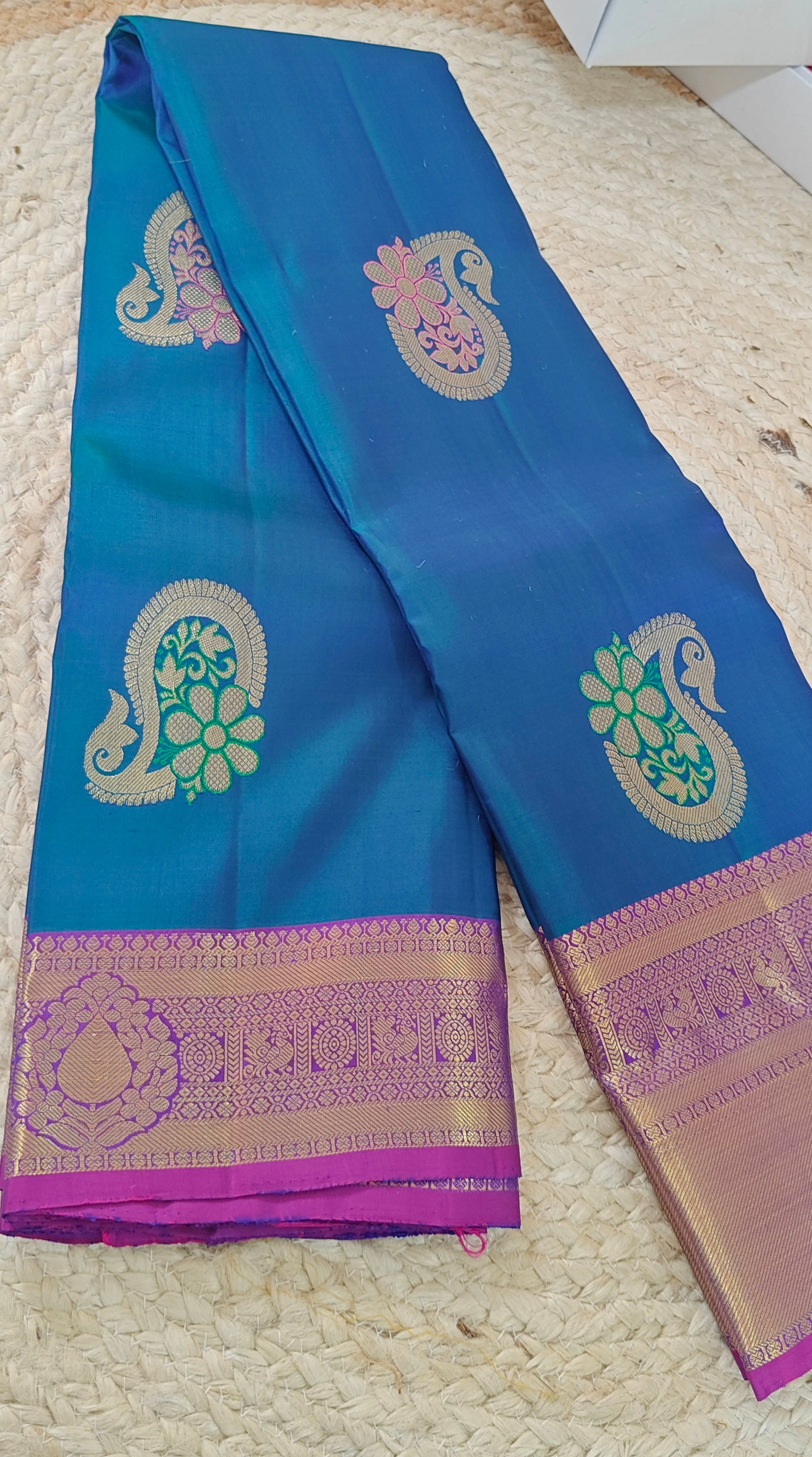 Pure Kanchipuram Handloom Silk Saree – Peacock Blue & Magenta with Meenakari Butta