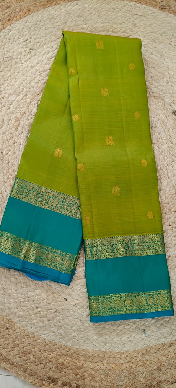 Pure Kanchipuram Handloom Silk Saree – Parrot Green & Light Blue Contrast