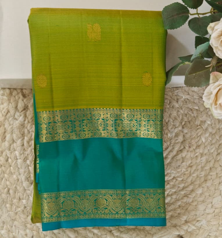Pure Kanchipuram Handloom Silk Saree – Parrot Green & Light Blue Contrast