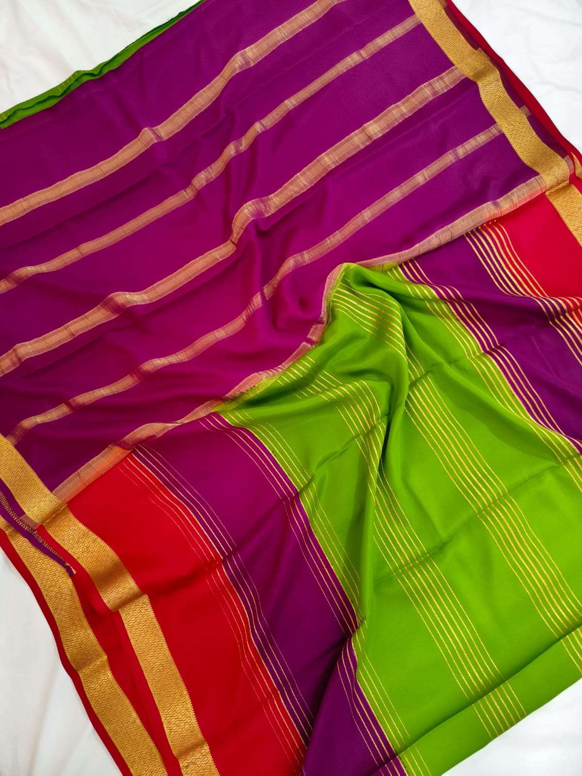 Pure 3D Mysore Crepe Silk Saree – Green and dark purple