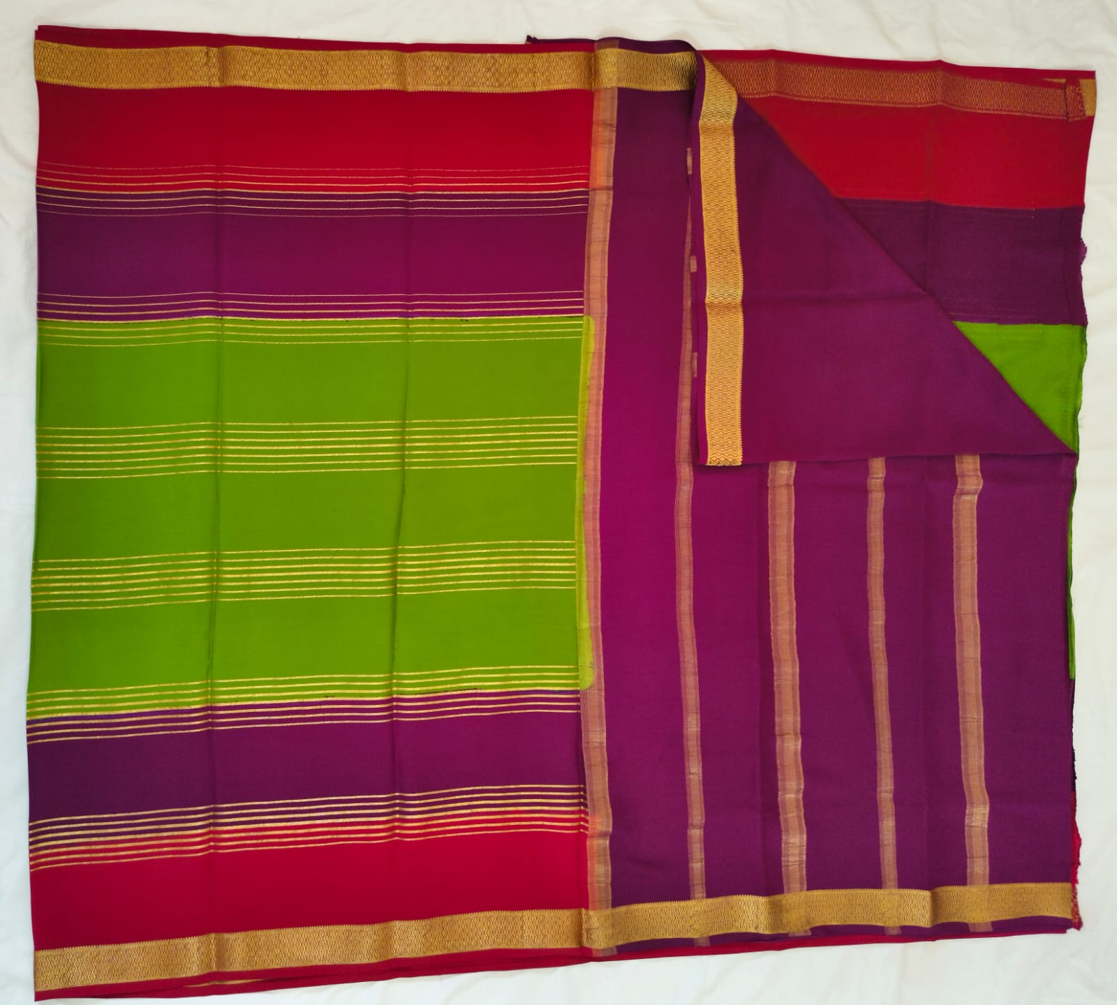 Pure 3D Mysore Crepe Silk Saree – Green and dark purple