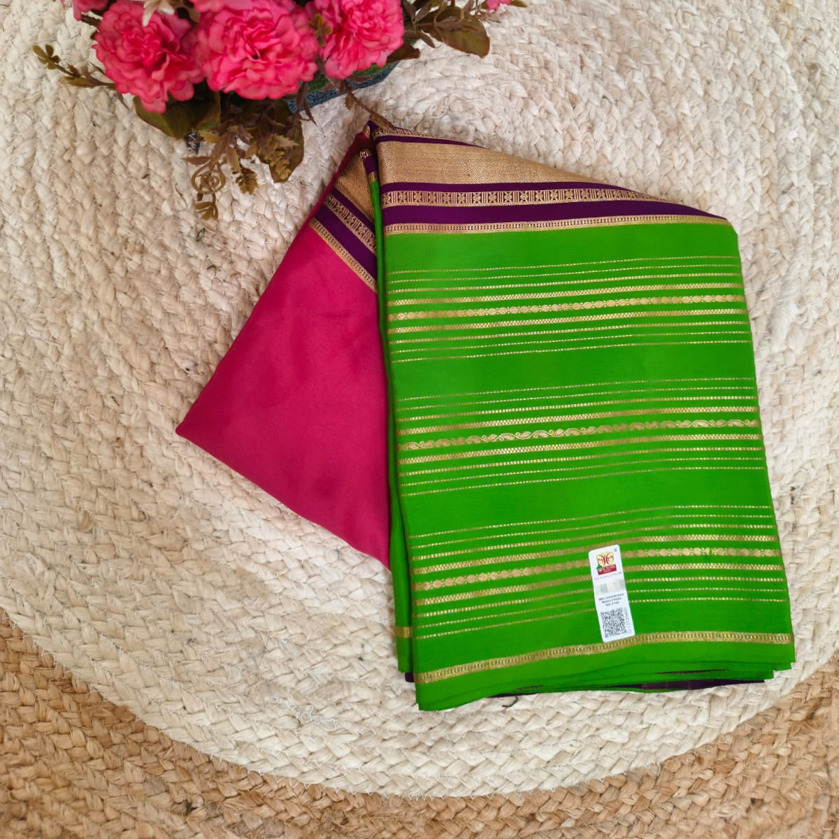 Pure Mysore Crepe Silk 3D – Green, Pink and Dark Purple