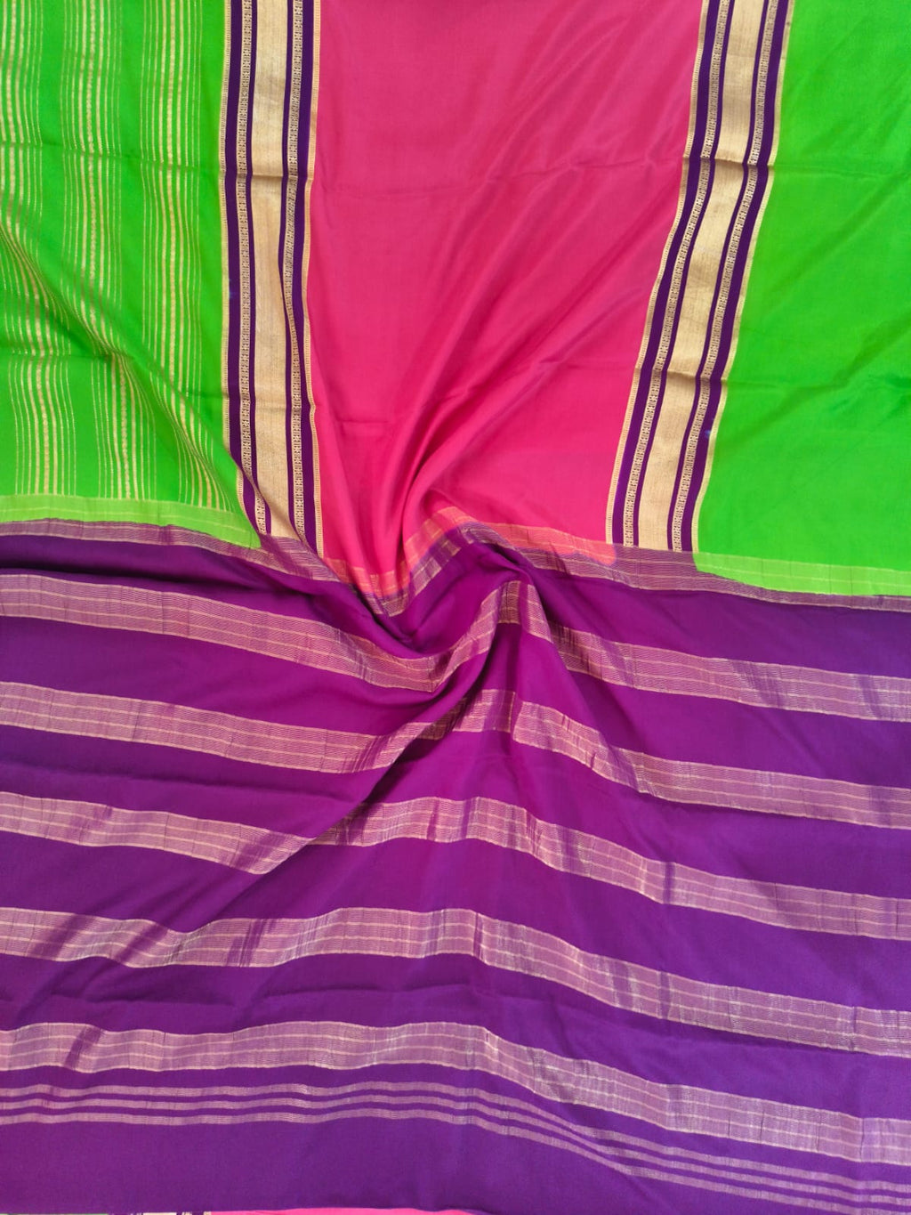 Pure Mysore Crepe Silk 3D – Green, Pink and Dark Purple