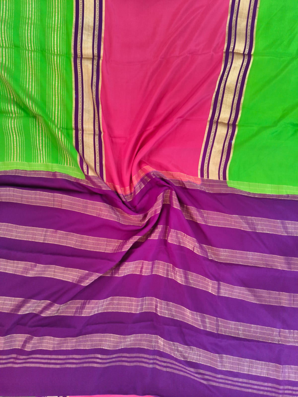 Pure Mysore Crepe Silk 3D – Green, Pink and Dark Purple
