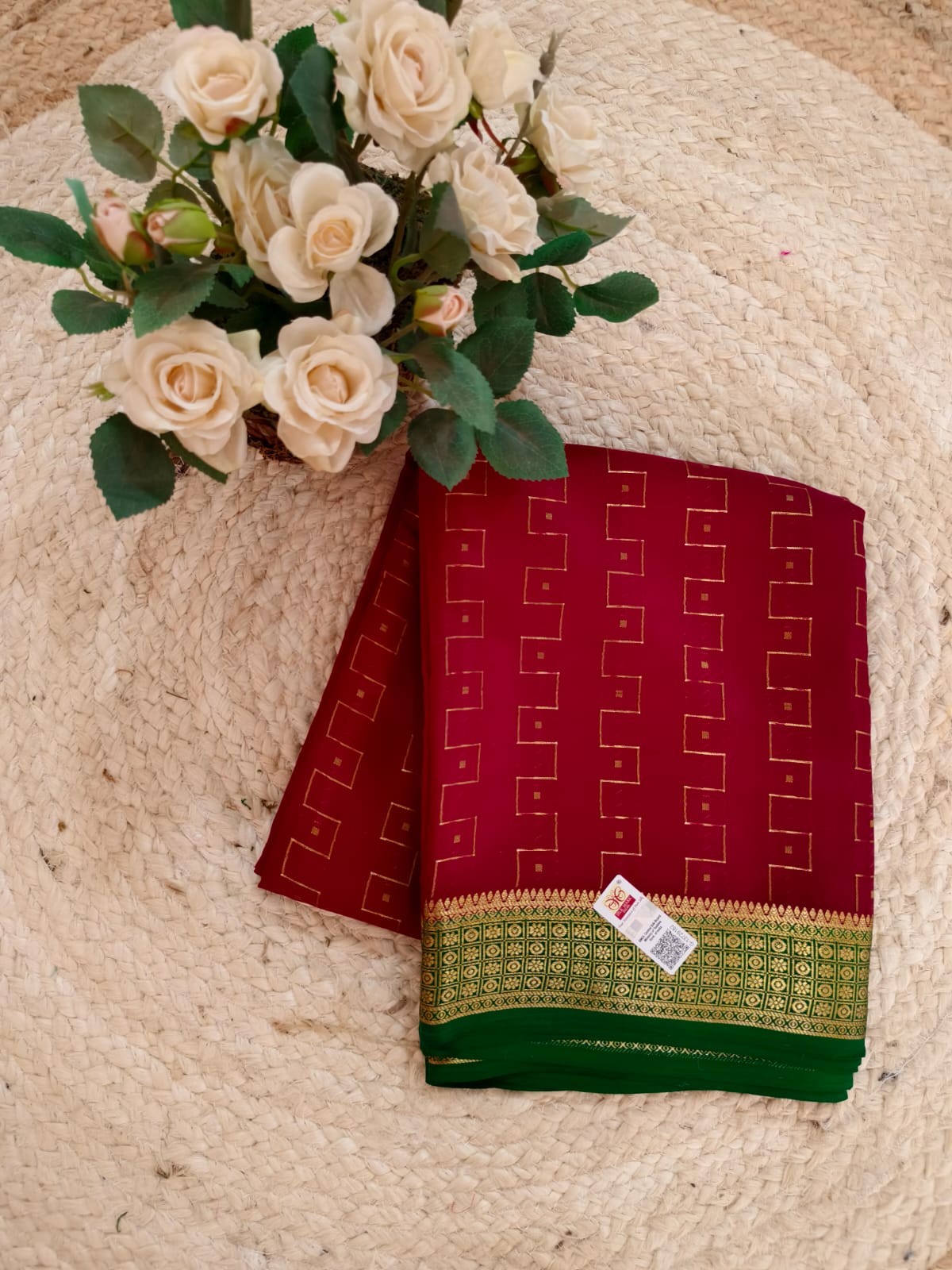 Pure Mysore Crepe Silk Saree – Maroon & Green