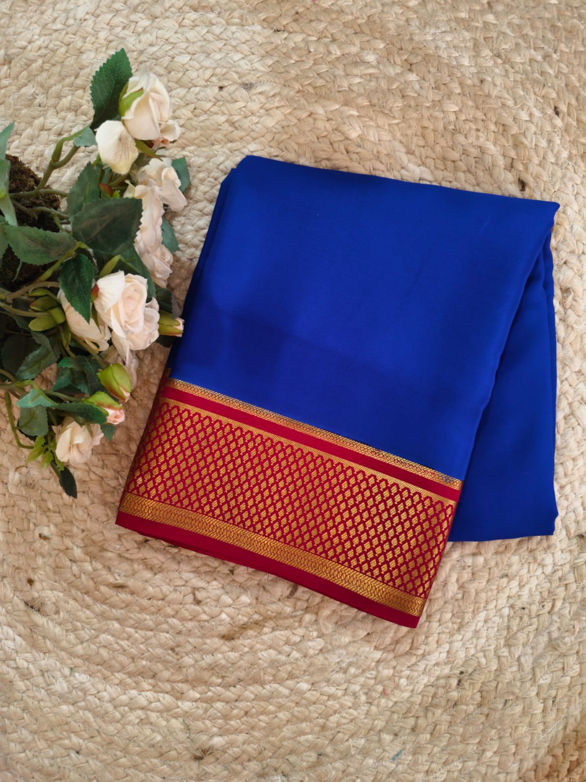 Pure Mysore Crepe Silk Saree – Royal Blue with Maroon