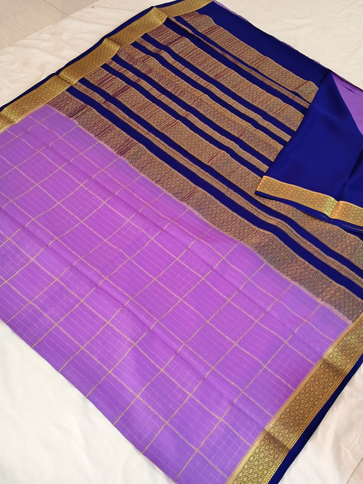 Pure Mysore Crepe Silk Saree – Lavender & Royal Blue