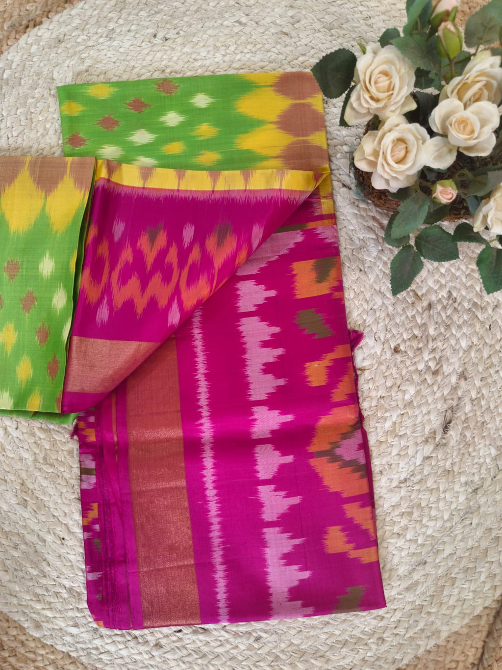 Pochampally Silk Saree – Green, Yellow & Pink