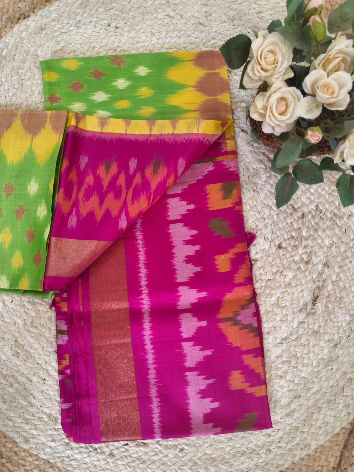 Pochampally Silk Saree – Green, Yellow & Pink