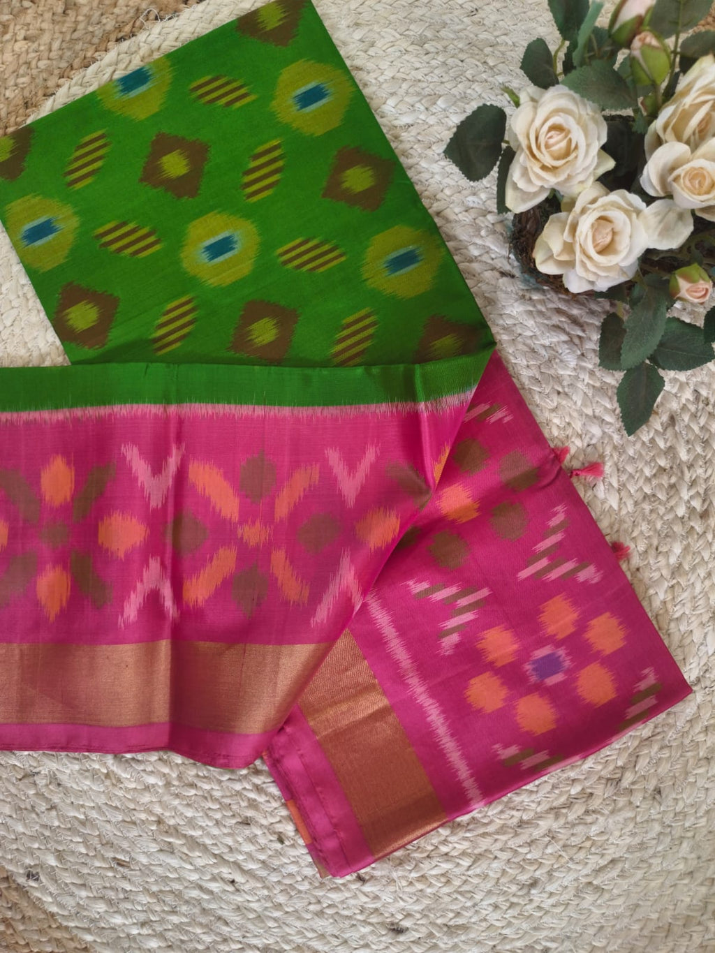Pochampally Pure Silk Saree – Green & Pink