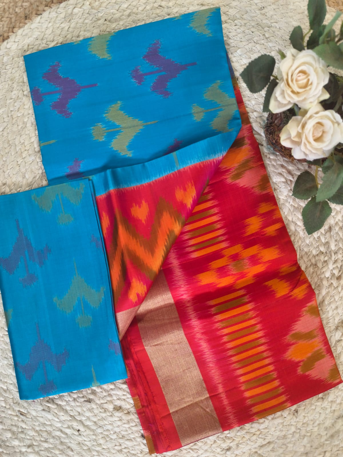Pochampally Pure Silk Saree – Blue & Red