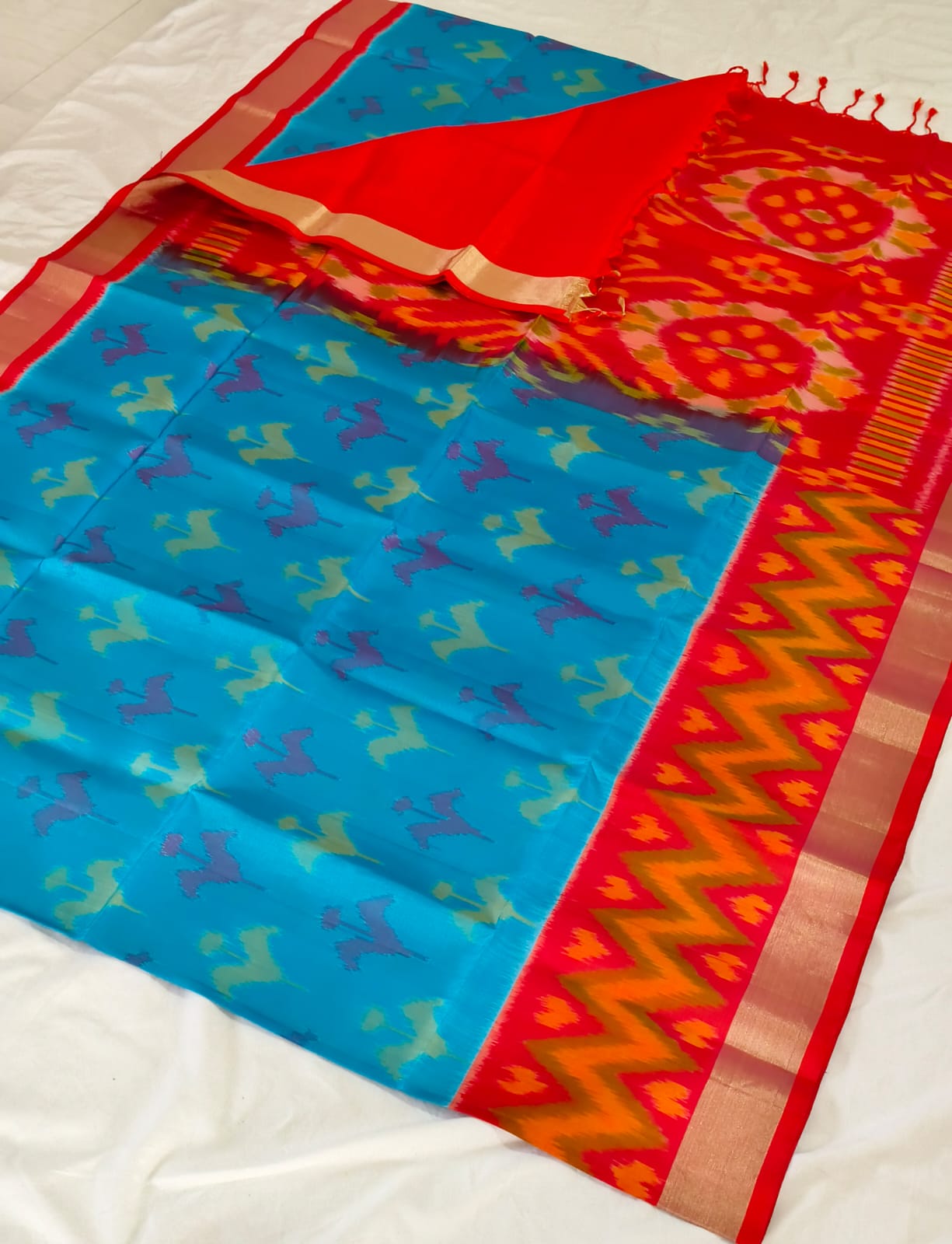 Pochampally Pure Silk Saree – Blue & Red