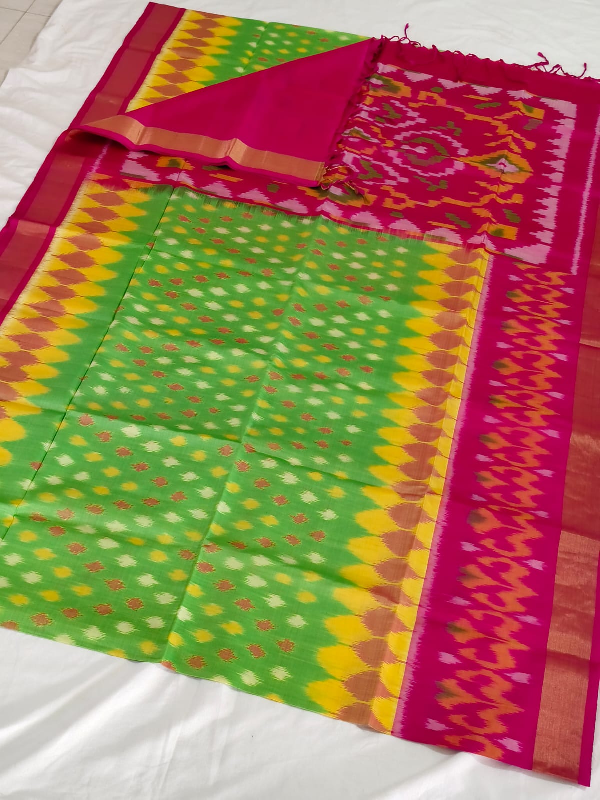 Pochampally Silk Saree – Green, Yellow & Pink