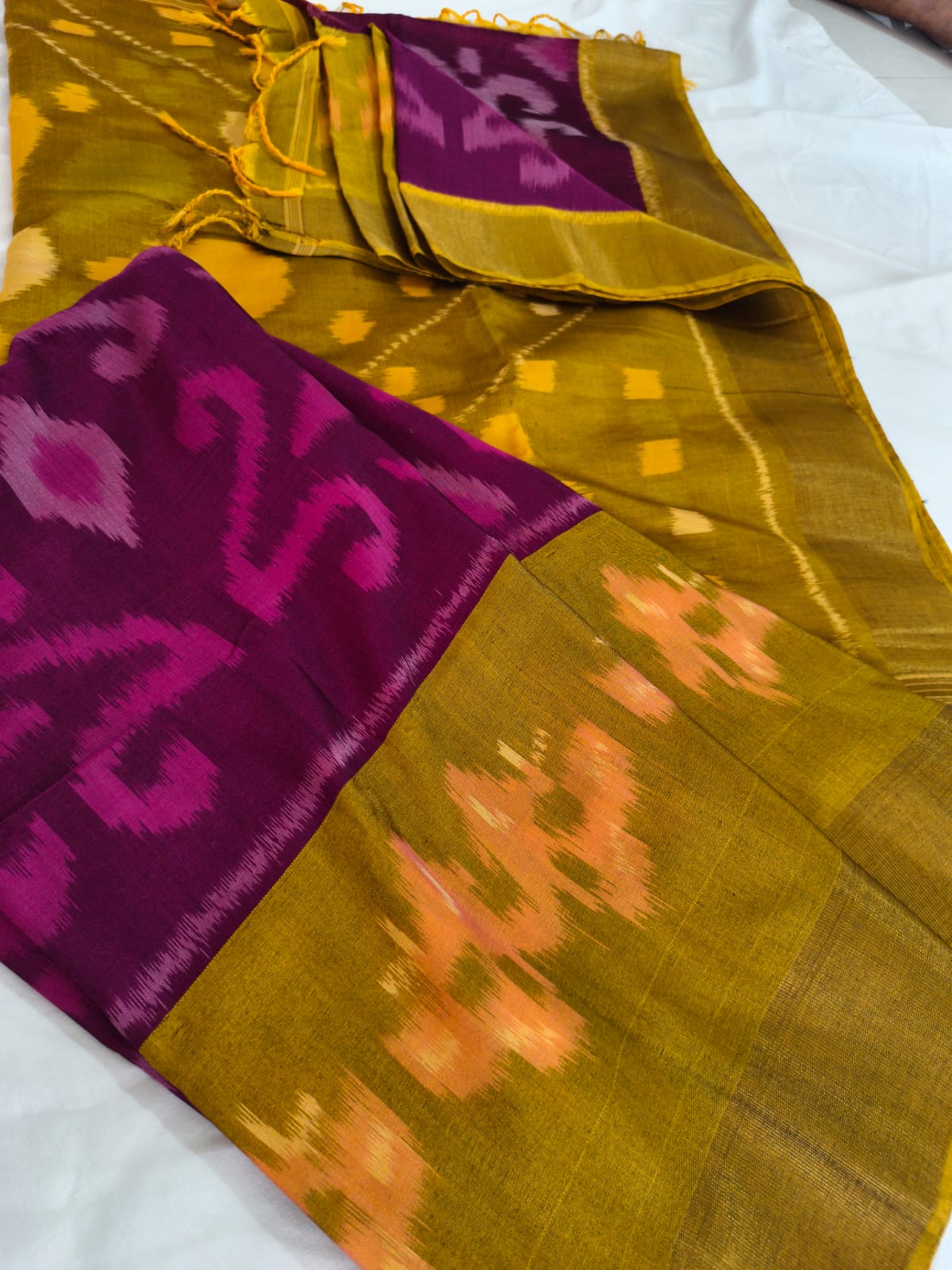 Silk Cotton Saree – Mustard Yellow & Magenta