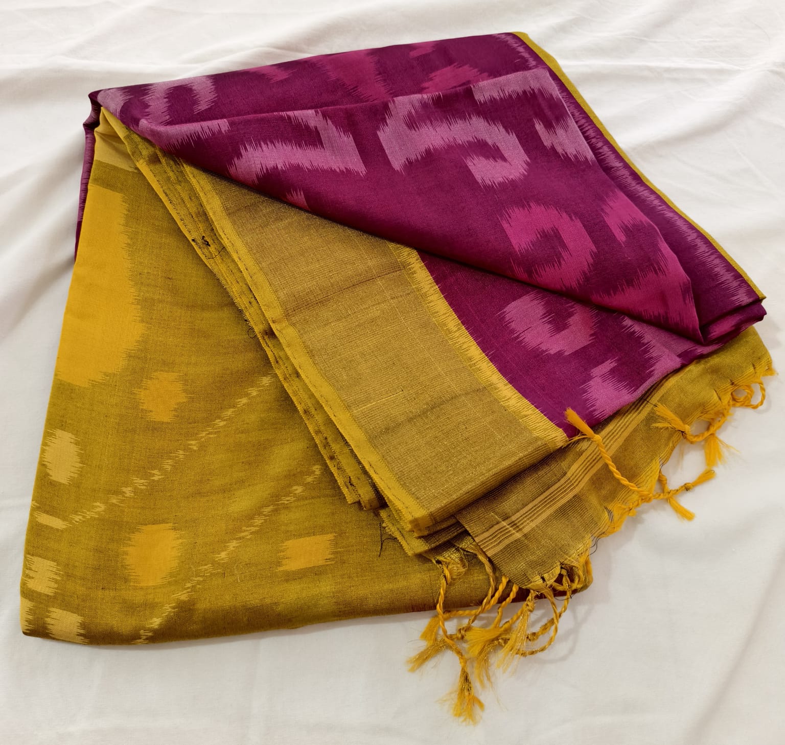 Silk Cotton Saree – Mustard Yellow & Magenta