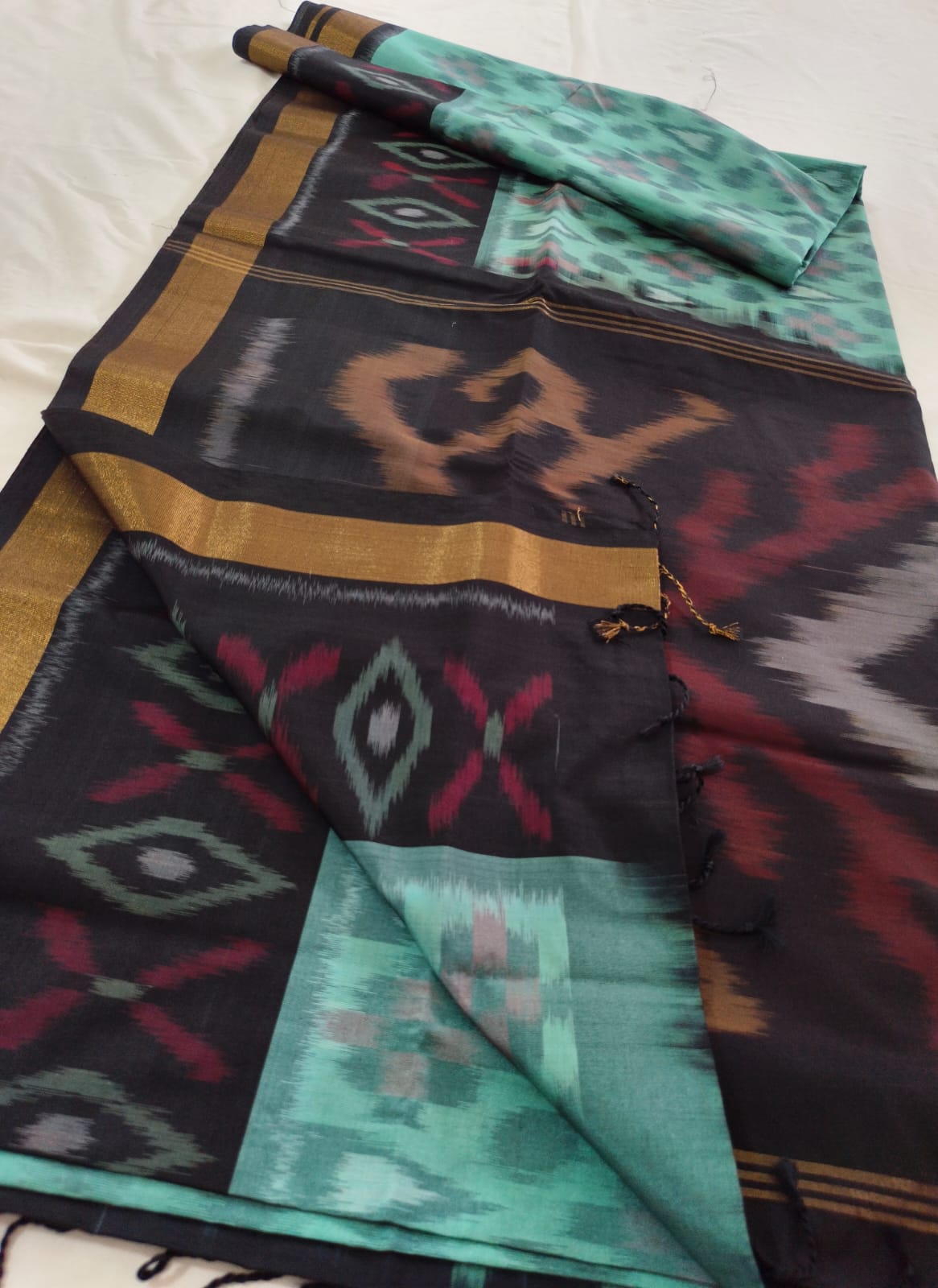 Silk Cotton Saree – Mint Green & Black