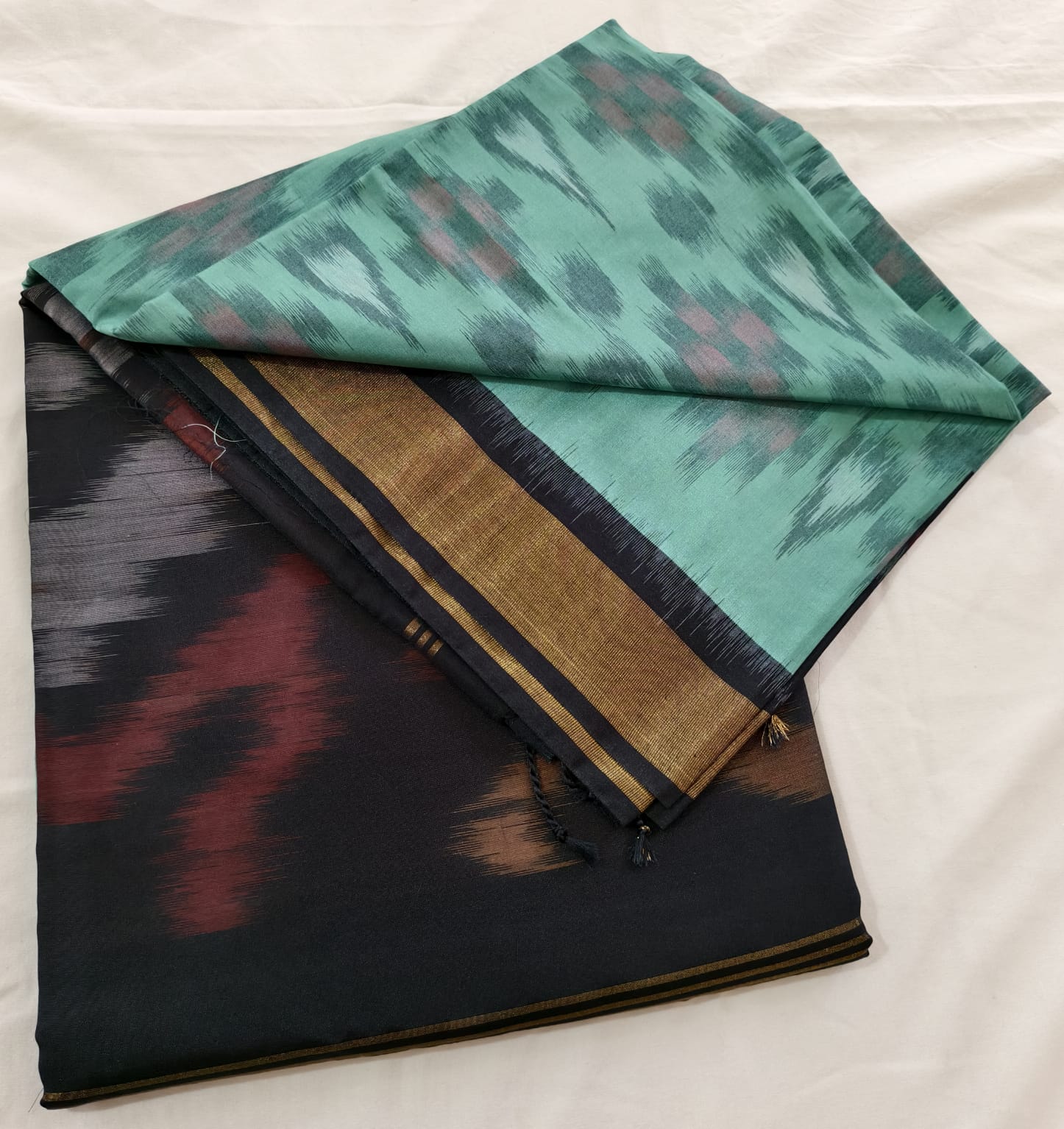 Silk Cotton Saree – Mint Green & Black