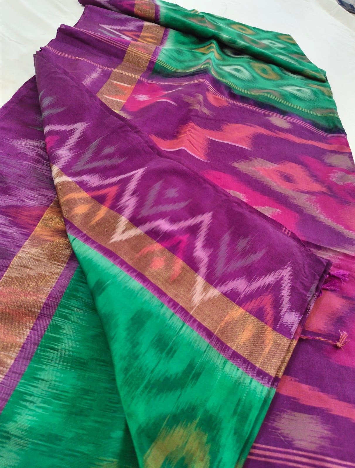 Silk Cotton Saree – Green and Magenta